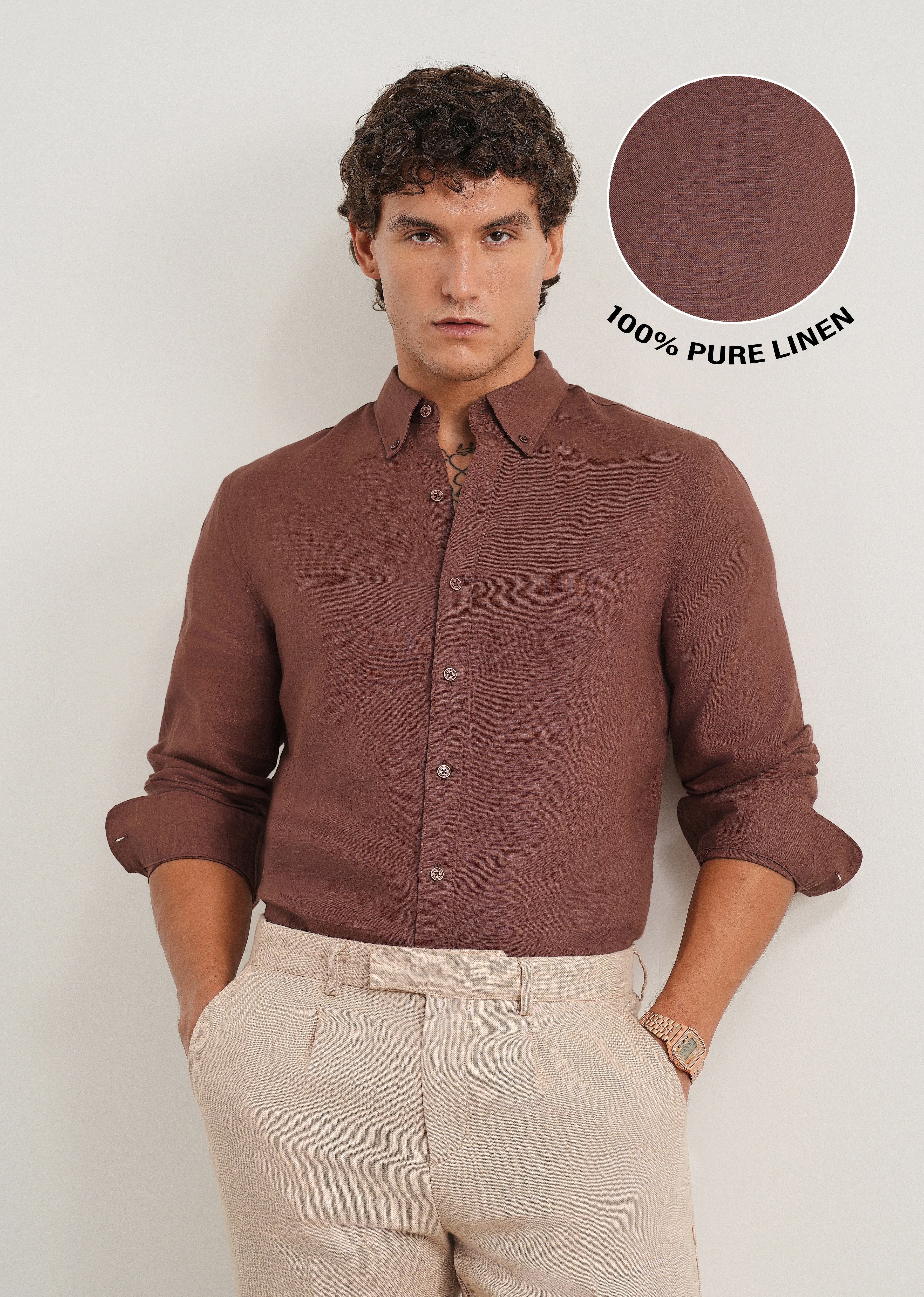 100% Pure Linen Umber Brown Shirt