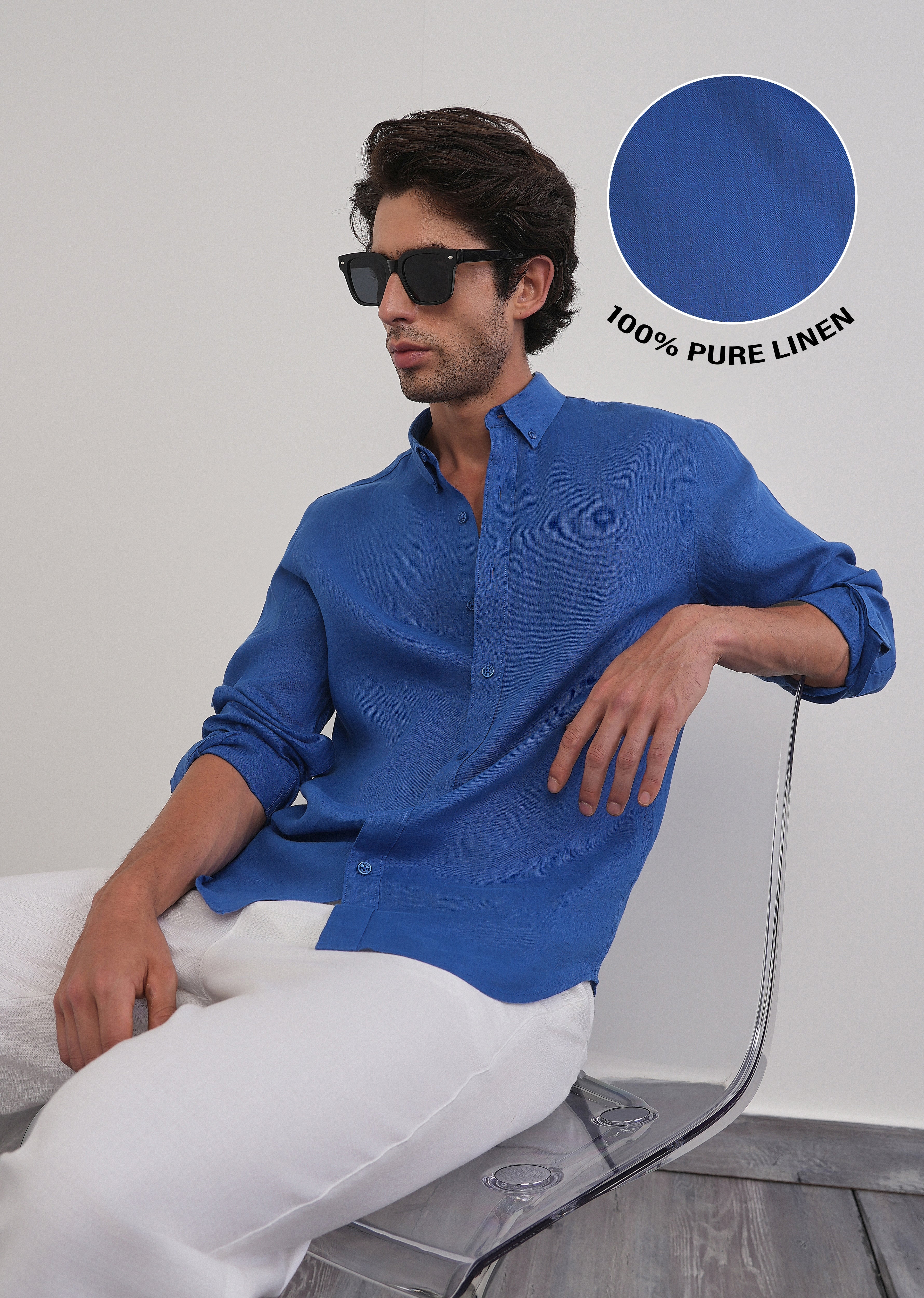 100% Pure Linen Blue Plain Shirt