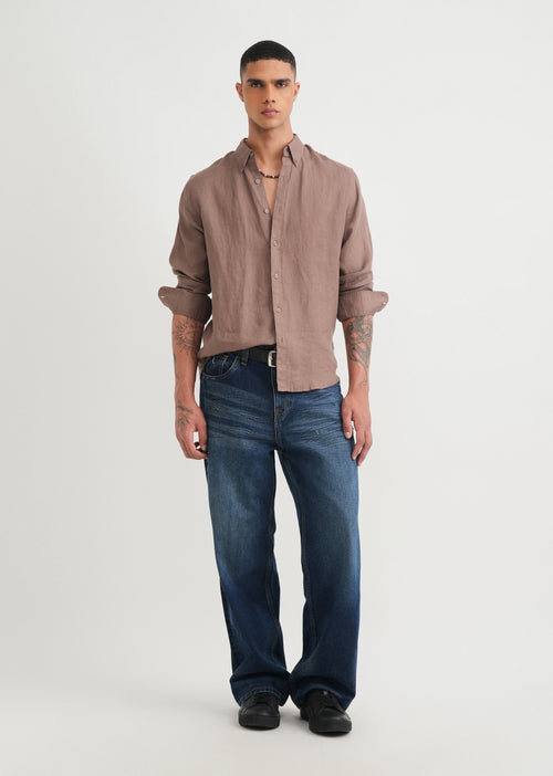 100% Pure Linen Brown Shirt