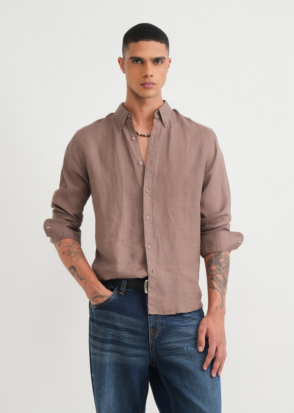 100% Pure Linen Brown Shirt