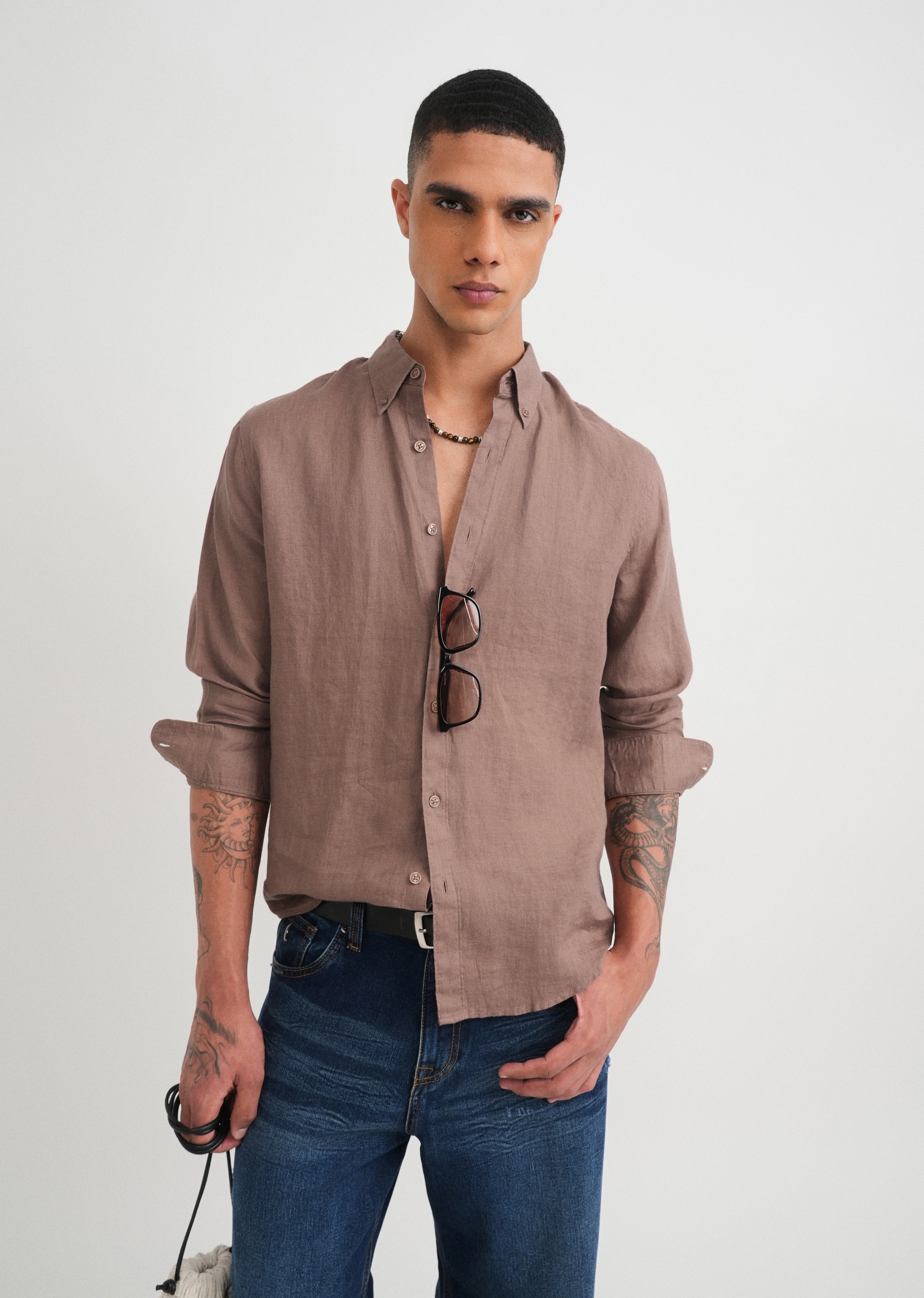 100% Pure Linen Brown Shirt