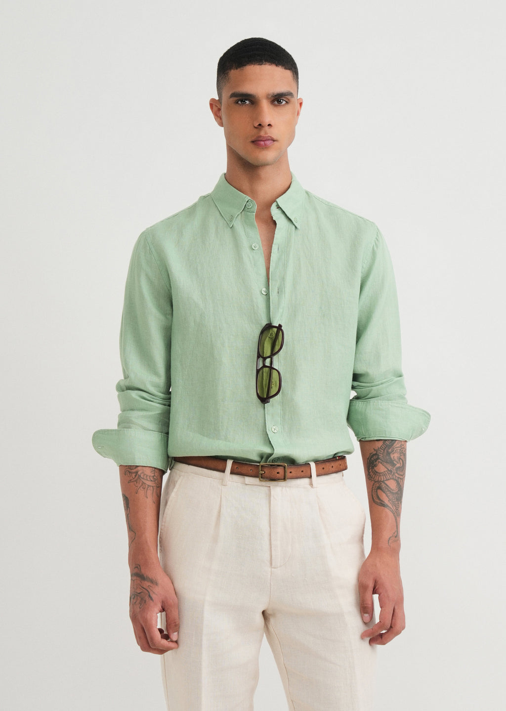 100% Pure Linen Green Shirt