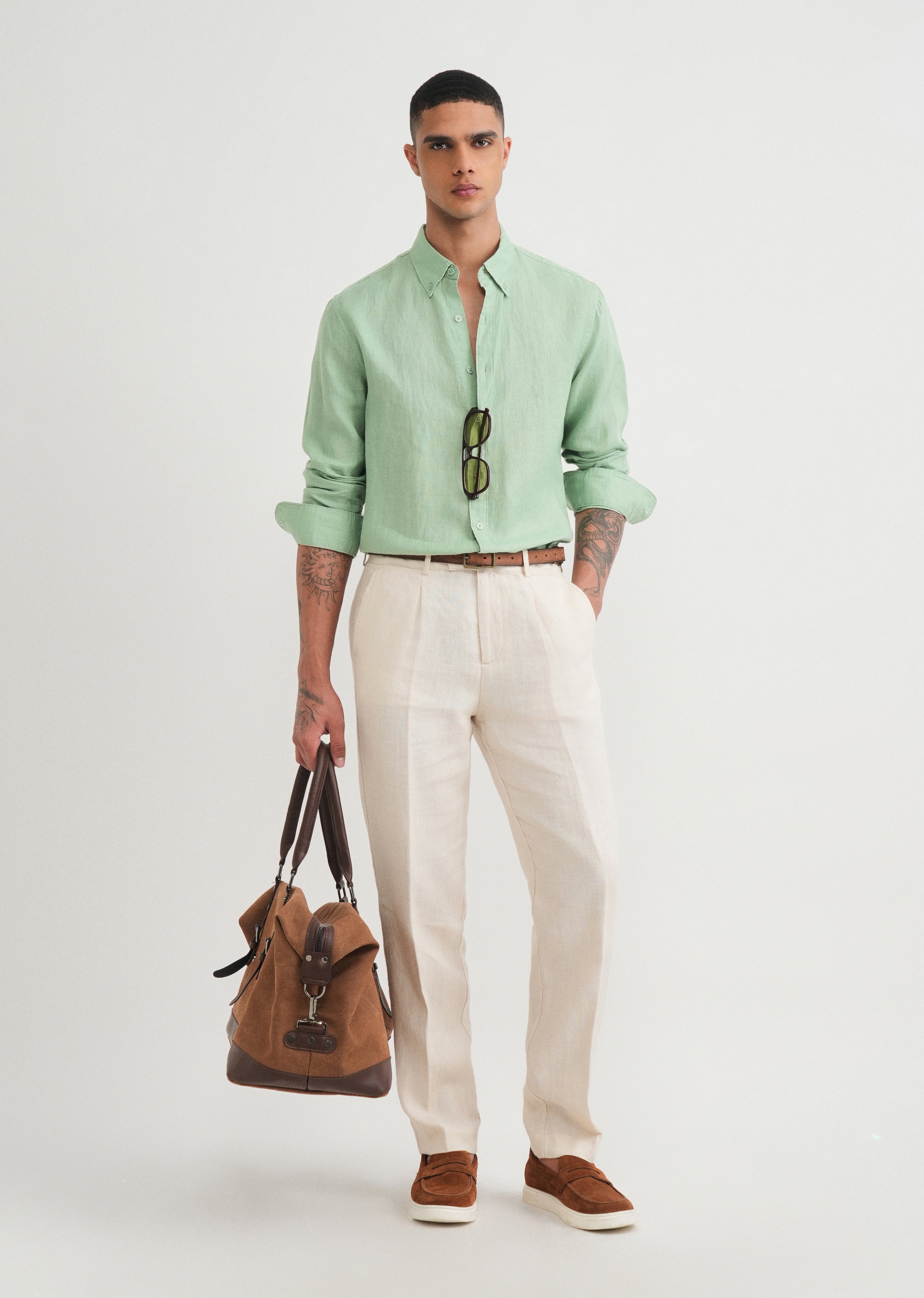 100% Pure Linen Green Shirt
