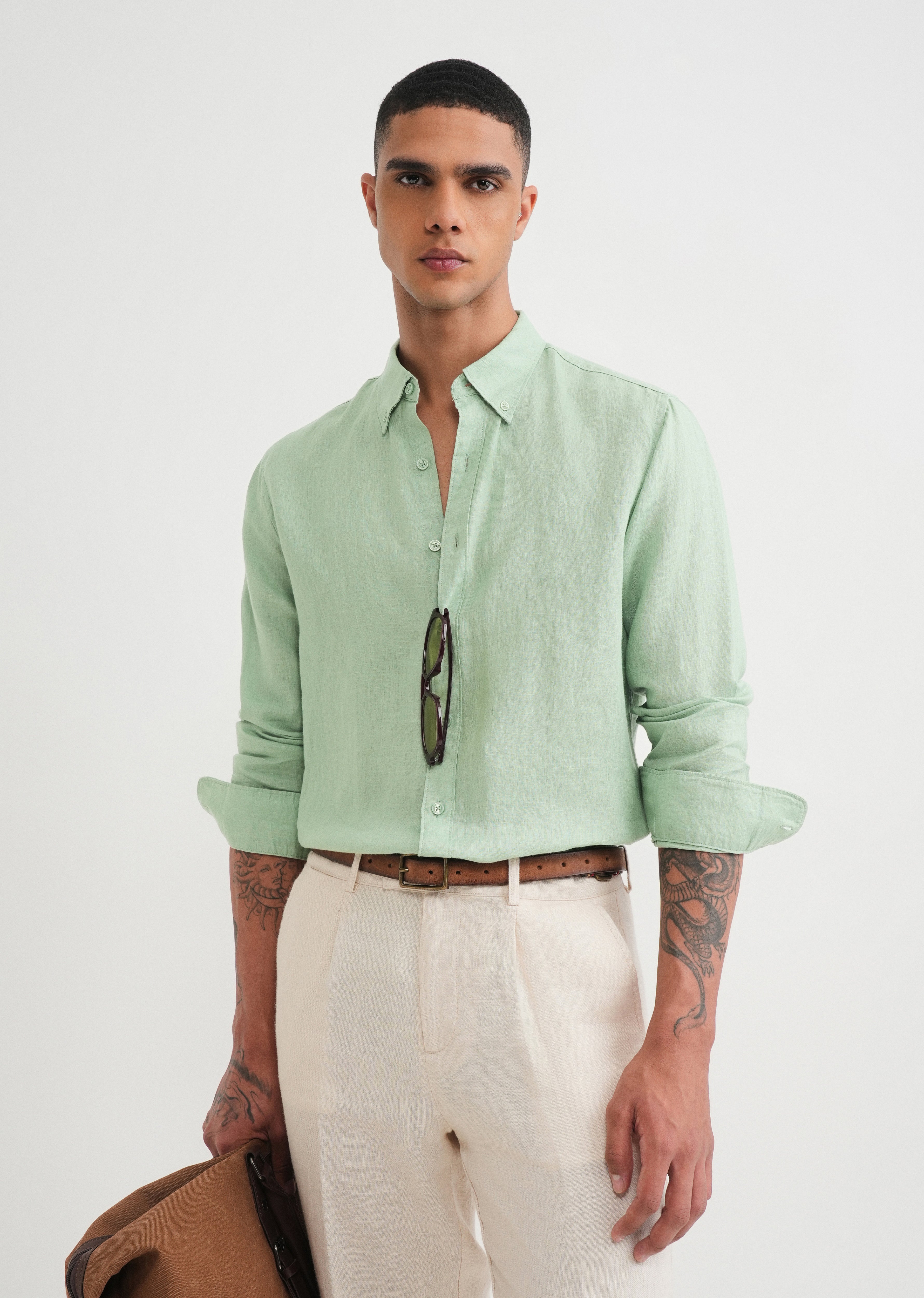 100% Pure Linen Green Shirt