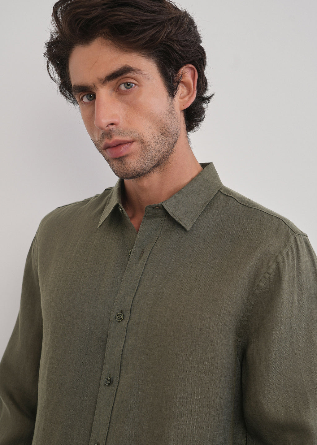 100% Pure Linen Olive Green Plain Shirt